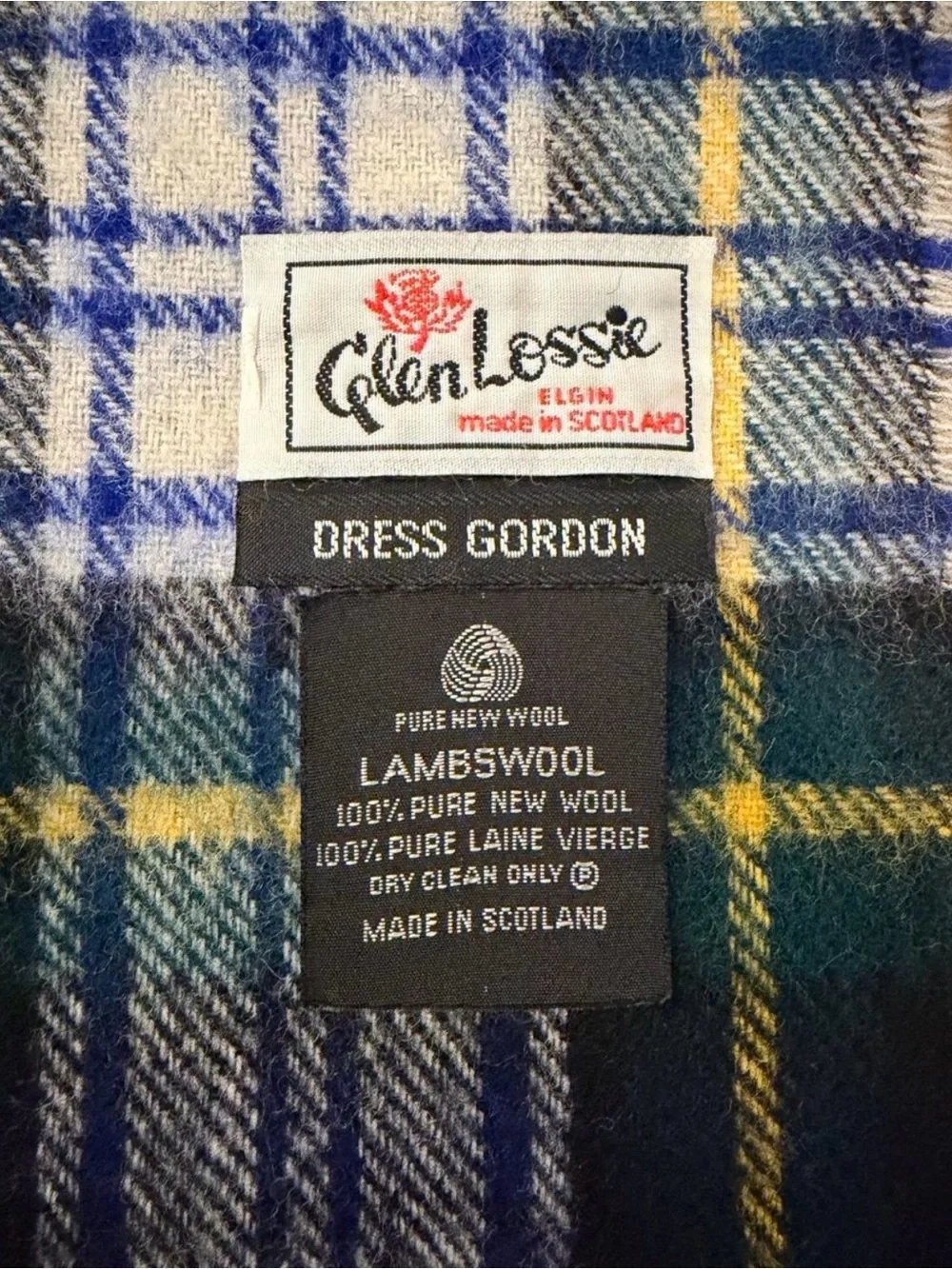 Vintage Glen Lossie Green, Blue + White Tartan Plaid Scarf